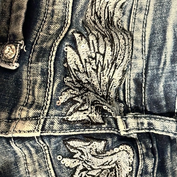 Stylish Biker Platinum Plush Flare Blue Jeans Embroidered & Dazzled Designs - Picture 5 of 7